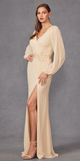 Juliet JTM16A Long Sleeve V-Neck Embroidered Applique Evening Gown