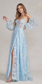 Nox Anabel K1155 Floor Length Butterfly Puff Sleeve Gown