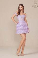 Nox Anabel K856 Short Off the Shoulder A-Line Tiered Skirt Dress
