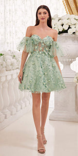 Ladivine KV1089 Short Floral Strapless A-Line Dress with Puff Sleeves