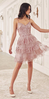 Ladivine KV1090 Glitter Printed A-Line Ruffle Short Dress