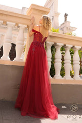 Nox Anabel L1362 Long Cold Shoulder Applique Tulle Overskirt Gown