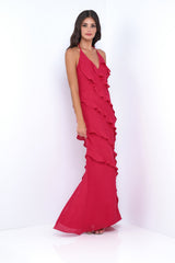 Remi Red Ruffle Detail Halter Neck Open Back Maxi Dress (Red) - treasures-4-u-2-day