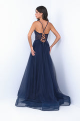 The Dani A-Line Sheer Bralette-Style Lace Bodice Gown (Navy) - treasures-4-u-2-day