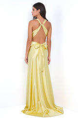 Odette Luxe Satin V-Neckline Formal Wear Maxi Dress (Yellow) - treasures-4-u-2-day