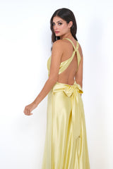 Odette Luxe Satin V-Neckline Formal Wear Maxi Dress (Yellow) - treasures-4-u-2-day