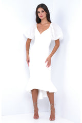 Diana V-Neckline Puff Sleeve Ruffle Hem Midi Dress (White) - treasures-4-u-2-day