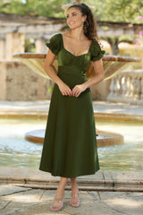 Maldives Puff Sleeve Ruched Detail Midi Dress (Olive Grn) - treasures-4-u-2-day