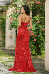 Stardust One Shoulder Sequin Slit Detail Formal Gown (Red) - treasures-4-u-2-day