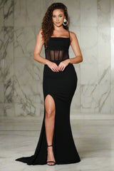 The Naomi Ribbed Corset Slit Detail Formal Gown (Black) - treasures-4-u-2-day
