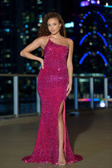 The Stardust One Shoulder Slit Detail Sequin Gown (Fushia) - treasures-4-u-2-day