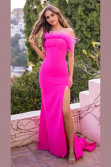 Sloane Feather Boa Corset Bodice Slit Detail Gown (Hot Pink) - treasures-4-u-2-day