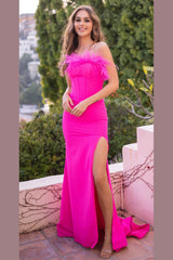 Sloane Feather Boa Corset Bodice Slit Detail Gown (Hot Pink) - treasures-4-u-2-day
