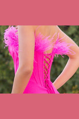 Sloane Feather Boa Corset Bodice Slit Detail Gown (Hot Pink) - treasures-4-u-2-day