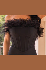 Sloane Feather Boa Corset Bodice Slit Detail Gown (Black) - treasures-4-u-2-day