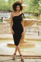 Lexi One Shoulder Ruched Ribbed Midi Length Dress (Black) - treasures-4-u-2-day