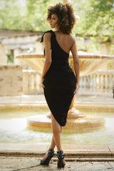 Lexi One Shoulder Ruched Ribbed Midi Length Dress (Black) - treasures-4-u-2-day