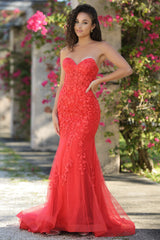 Reva Floral Applique Corset Bodice Jeweled Formal Gown (Red) - treasures-4-u-2-day