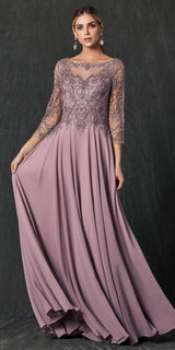 Juliet M11 Appliqued Long A-Line Dress Chiffon Quarter Sleeves
