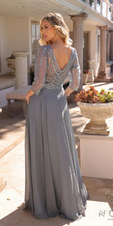 Nox Anabel MF101 Long V-Neck Embellished Bodice 3/4 Sleeve A-line Gown
