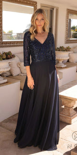 Nox Anabel MF103 Long Sequin Bodice 3/4 Sleeve A-line Gown