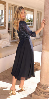 Nox Anabel MF104 Tea Length Sequin Bodice Short 3/4 Sleeve Dress