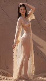 Golden Nude Sheer Lace Long Robe | Luxury Boudoir & Bridal Photoshoot Gown