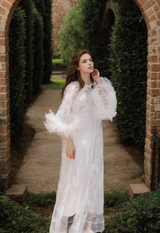 Ostrich Feather Sequin 3D Floral Lace Long Robe with Sequin Nightgown Set