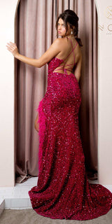Nox Anabel R1059 Plunging Neckline Fitted Bodice Velvet Sequin Feather