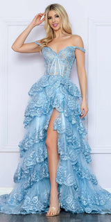 Nox Anabel R1299 Long Off the Shoulder Tiered Skirt A-Line Formal Gown