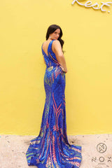 Nox Anabel R1402 Long Plunging V-Neck Fitted Sequin Print Gown