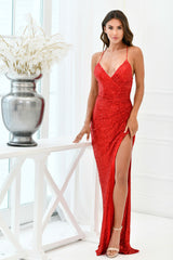 Eclipse Deep-V Lace Up Corset Slit Detail Gown (Red Sequin) - treasures-4-u-2-day