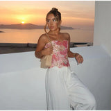 Retro Printed Strapless Long Dress Fashion Women's Sleeveless Off Shoulder Pleated Vestidos 2025 Summer Lady Beach Party Robes