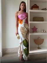 Retro Printed Strapless Long Dress Fashion Women's Sleeveless Off Shoulder Pleated Vestidos 2025 Summer Lady Beach Party Robes