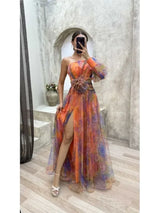 Elegant Oblique Shoulder Single-sleeve Zipper High Slit Mesh Long Dress For Women Fashion Flower Decoration Party Dress Female