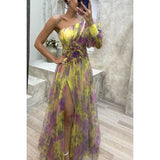 Elegant Oblique Shoulder Single-sleeve Zipper High Slit Mesh Long Dress For Women Fashion Flower Decoration Party Dress Female