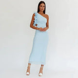 Articat Elegant Sleeveless Slant Shoulder Flower Dress Women Spring/Summer 2025 Sexy Mesh Wrap Hip Dress Party Evening Dress