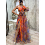 Elegant Oblique Shoulder Single-sleeve Zipper High Slit Mesh Long Dress For Women Fashion Flower Decoration Party Dress Female
