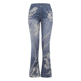 Elegant Women Floral Printed Jeans Plus Size S-5XL Female Straight High Waist Wide Leg Pants Slim Fit Casual Trendy Flare Pants