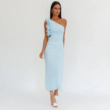 Articat Elegant Sleeveless Slant Shoulder Flower Dress Women Spring/Summer 2025 Sexy Mesh Wrap Hip Dress Party Evening Dress