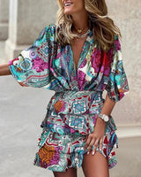 Women Fall V-Neck Loose Batwing Hafl Sleeve Print Dress Fashion Elegant Lace-up Ruffle Beach Mini Dresses Casual Streetwear 2024