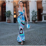 Chic Print Sling Long Dress Women Sleevless Backless Side Split Party Dresses 2025 Summer Street Beach Lady Ankle-length Robes
