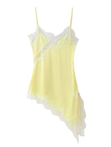 Yellow Satin Lace Splicing Sling Dress Women Elegant Irregular Hem V Neck Backless Sleeveless Gown Chic Women Party Club Vestido
