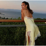 Yellow Satin Lace Splicing Sling Dress Women Elegant Irregular Hem V Neck Backless Sleeveless Gown Chic Women Party Club Vestido