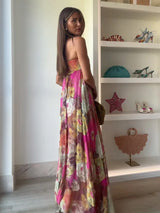 Retro Printed Strapless Long Dress Fashion Women's Sleeveless Off Shoulder Pleated Vestidos 2025 Summer Lady Beach Party Robes