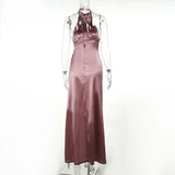 Ladies Summer Satin Evening Birthday Party Dresses Women Sleeveless Backless Halter Side Slit Elegant Long Dress Mowan Clothes