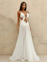 Sexy Hollow Out Party Dress Sleeveless Backless Mesh Maxi Female Evening Dresses 2025 Spring Summer Club Beach Slip Lady Robe