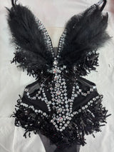 Sparkly Rhinestone Sequin Feather Bodysuit Showgirl Stage Performance Leotard