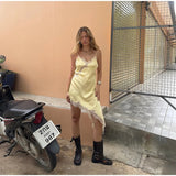 Yellow Satin Lace Splicing Sling Dress Women Elegant Irregular Hem V Neck Backless Sleeveless Gown Chic Women Party Club Vestido