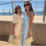 Chic Print Sling Long Dress Women Sleevless Backless Side Split Party Dresses 2025 Summer Street Beach Lady Ankle-length Robes